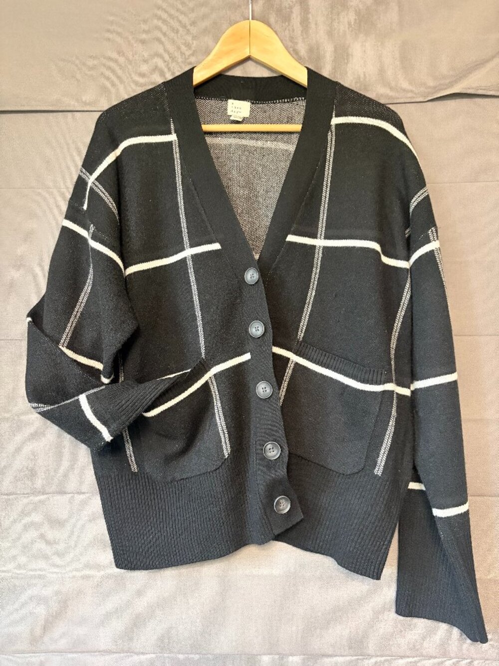 A New Day Black Cream Plaid Oversized Cardigan Sweater